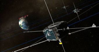 An artist's depiction of the THEMIS satellite network observing the aurora