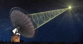Illustration shows the Parkes telescope receiving the signal from the odd cosmic radio burst