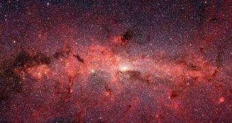 A picture of Milky Way's galactic core, taken in infrared wavelengths by the Spitzer Space Telescope