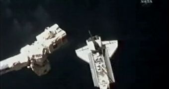 Shuttle Atlantis seen here docking on the ISS