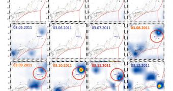 This sequence of images shows an increase in IR emissions above the epicenter of the M9 earthquake that devastated Japan on March 11