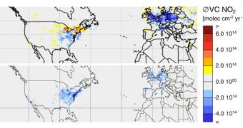 Map of European and North American atmospheric NO2 concentrations between 1996 and 2002 (top) and 2003 to 2011 (bottom)