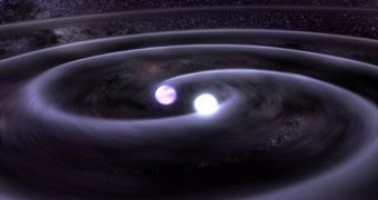 Artist's impression of gravitational waves produced by a merging pair of massive stars