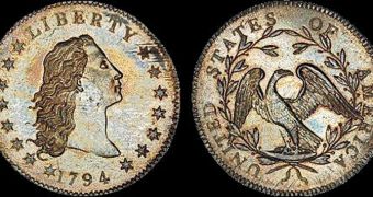 A 1794 Flowing Hair silver dollar fetched $10 M (€7.4 M) at auction