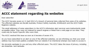 Email notifications sent out by the ACCC