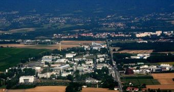 An aerial view of CERN's main research complex, located at the border between Switzerland and France, near Geneva