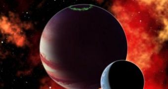 This artist's conception shows a hypothetical gas giant planet with an Earth-like moon similar to the moon Pandora in the movie Avatar