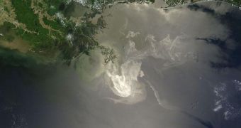 Sunlight illuminated the lingering oil slick off the Mississippi Delta on May 24, 2010. The MODIS instrument on the NASA Terra satellite captured this image the same day