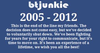 The message on the BTjunkie homepage