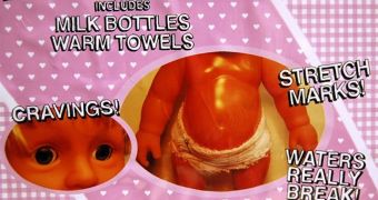 The pregnant doll comes with stretchmarks, milk bottles and water towels
