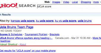 Basketball info displayed on Yahoo Search