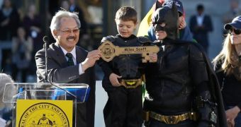 Batkid Miles receives the key of the city from San Francisco's Mayor