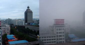 Beijing during a "blue sky day," and during a day when it's covered in smog (right)