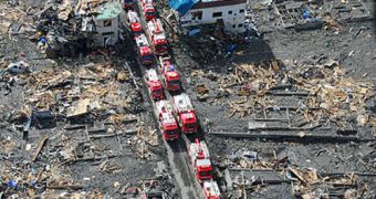 Fire trucks on their way to intervene in disaster-stricken areas of Japan, following the March 11 tremor