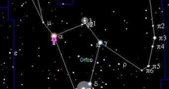 Betlegeuse seen here in the the Orion Constellation, pinpointed by an arrow