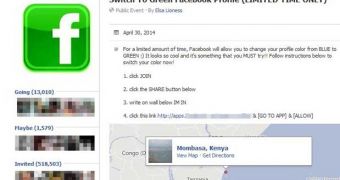 Green Facebook scam page