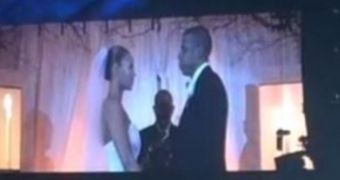 Beyonce and Jay Z on their wedding day, from footage shown on the first stop of their joint tour