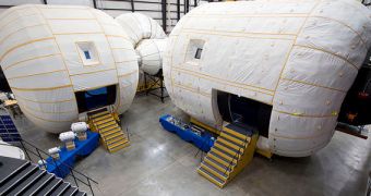 Mock-ups of Bigelow Aerospace's proposed inflatable space station design