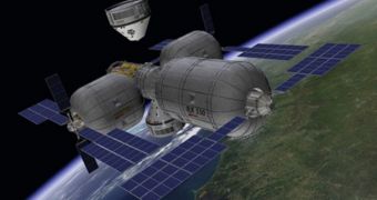 Artist's rendition of Bigelow Aerospace's habitats in low-Earth orbit