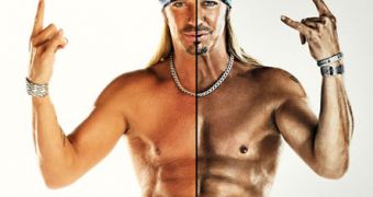 Bret Michaels for Billboard: composite photo, before and after retouching