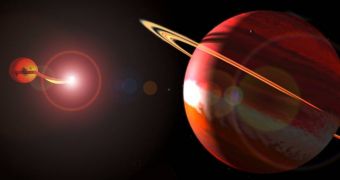 This is an artistic representation of the binary star, binary exoplanet system the SAAO team studied