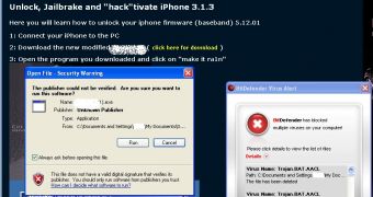 The download page of the alleged iPhone unlocking application alongside the “enhanced” version of the executable hides Trojan.BAT.AACL, according to MalwareCity
