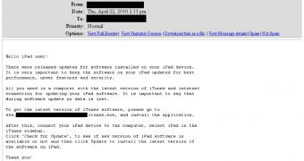 A screenshot of the malicious email directing unwary iPad owners to the malware in question
