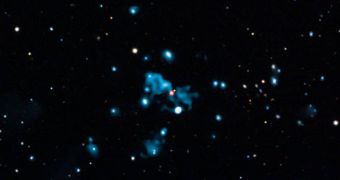 The "ghost" X-ray source can be seen in the middle of the image, depicted here in blue