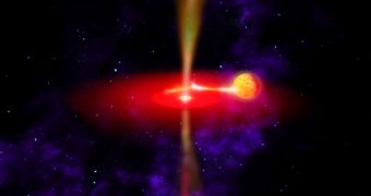 A small black hole is shown here feeding off a companion star