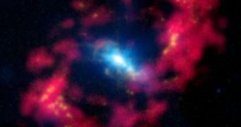 Composite image showing the supermassive black hole at the core of the spiral galaxy NGC 4151