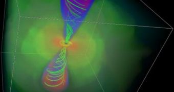 Model showing a black hole pulling in nearby matter (yellow) and spraying energy back out into the Universe in a jet (blue and red), that is held together by magnetic field lines (green)