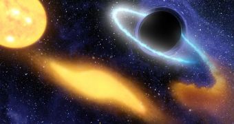 Artistic impression of a black hole pulling matter from a stellar companion