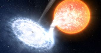 This is a rendition of a black hole feeding off a companion in a binary system