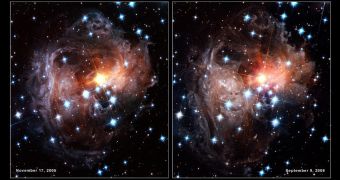 The increase in brightness between these two images of V838 Monocerotis could have been produced by a cosmic collision
