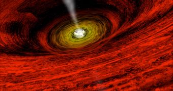 Artistic impression of a fast spinning black hole; the actual black hole is hidden away from view by the massive amount of material in the accretion disk