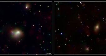 The galaxy cluster in the left image is almost completely devoured by its active galactic nucleus, utin almost nothing is left, as it shows in the right picture