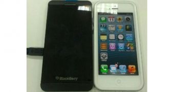 BlackBerry 10 L-Series next to iPhone 5