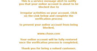 Sample of fraudulent message claiming to be from Chase Online