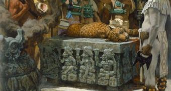 Artisitc image depicting the ceremonial sacrifice of a jaguar during an ancient Maya ceremony