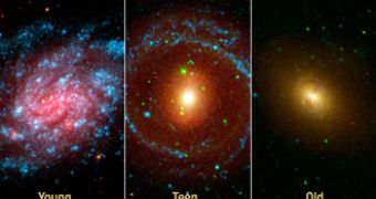 Examples of young, teenage and adult galaxies