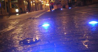 Blue light emitters built into the street, in France