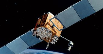 Rendition of a BOeing GPS IIF satellite in Earth's orbit