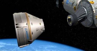 This is a rendition of the Boeing CST-100 space capsule docking to the ISS
