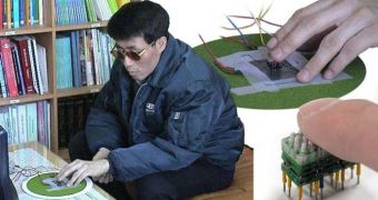 A blind person uses the dielectric elastomer EAP-based refreshable Braille display developed at Sungkyunkwan University, South Korea