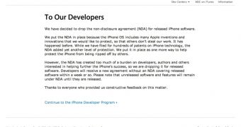 A screenshot of Apple's Developer Connection grabbed minutes after Apple had posted its message to iPhone devs
