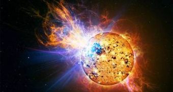 Artistic impression of EV Lacertae during a massive solar flare burst