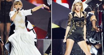 Taylor Swift has quick costume change on stage, in the middle of Brit Awards 2013 performance