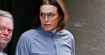 Bruce Jenner emerging from plastic surgery clinic, after he had his Adam's Apple flattened surgically