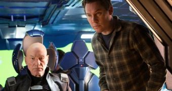 Actor Sir Patrick Stewart and director Bryan Singer on the set of “X-Men”