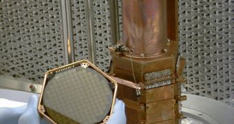 Closeup of a CDMS detector, made of crystal germanium